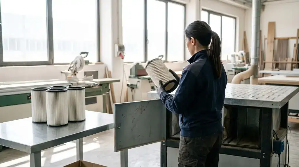 Tecnica controlla una cartuccia filtrante in poliestere estratta dal vano filtri di un banco aspirante