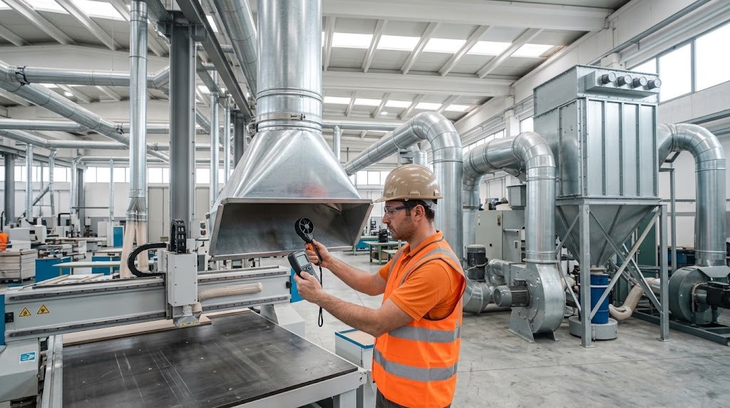 Tecnico che misura con l'anemometro la velocità dell'aria alla cappa di aspirazione durante il collaudo