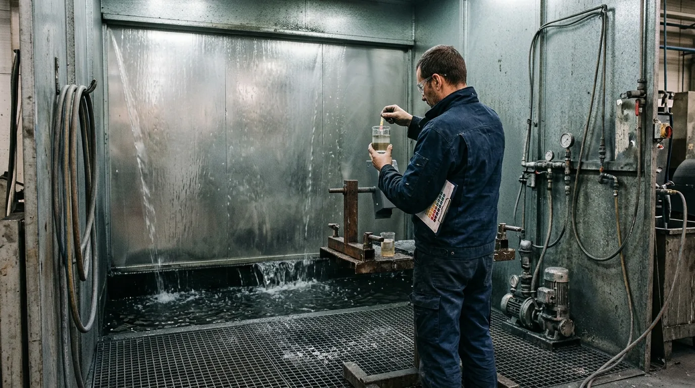 Tecnico di manutenzione controlla il pH di un campione d'acqua accanto alla vasca e alla pompa della cabina di verniciatura