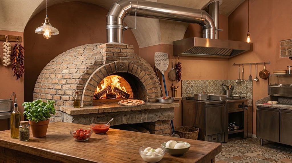Forno a legna di una pizzeria con cappa e canna fumaria in acciaio inox