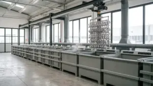 Linea galvanica con vasche in polipropilene, cappe di aspirazione laterali e condotti in plastica collegati all'impianto