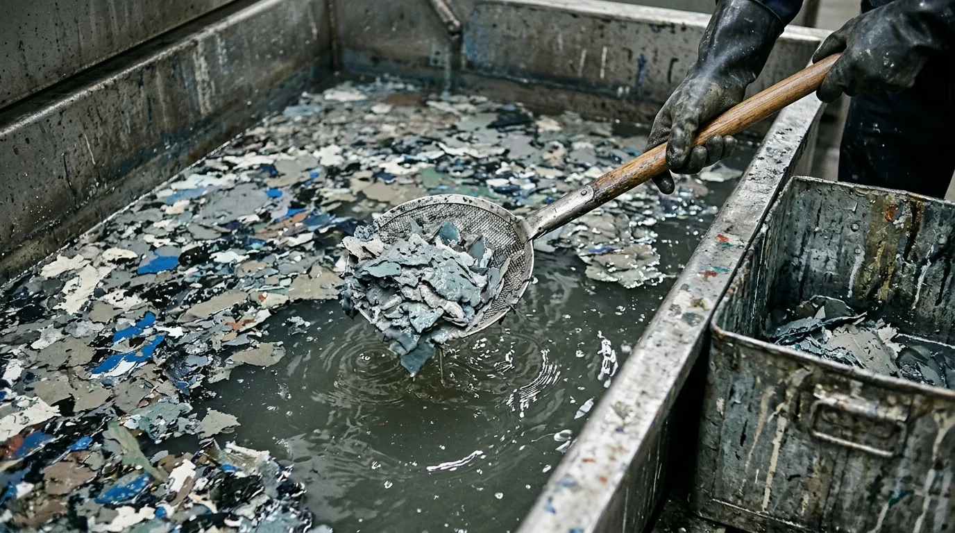 Rimozione della morchia di vernice coagulata dalla superficie dell'acqua nella vasca di una cabina di verniciatura