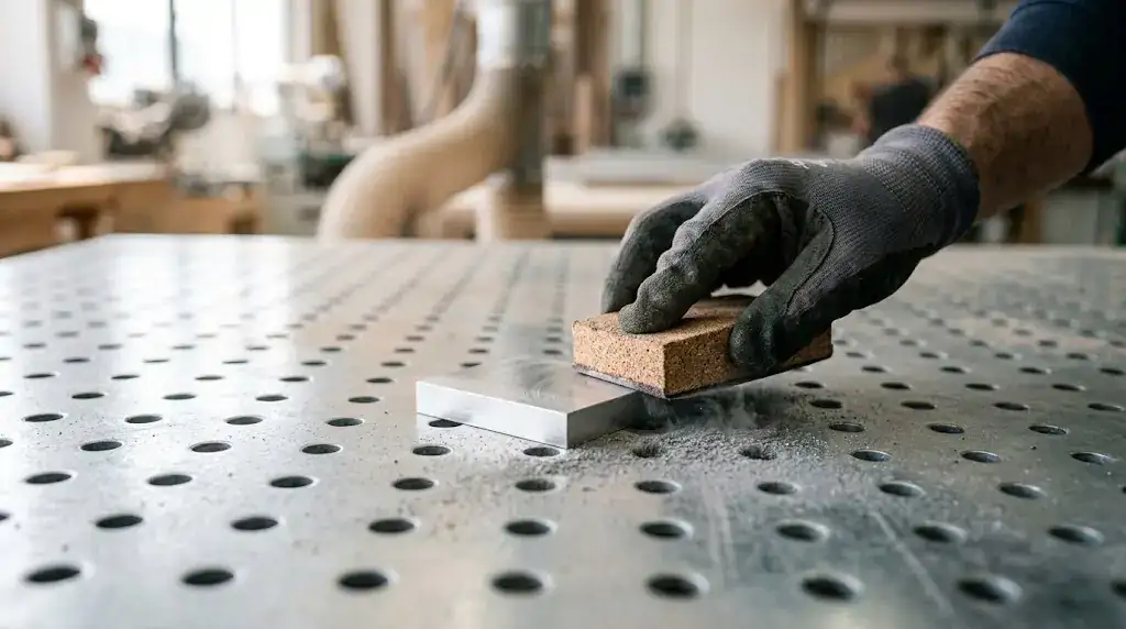 Polvere di carteggiatura aspirata nei fori del piano in lamiera di un banco aspirante durante la levigatura di un pezzo