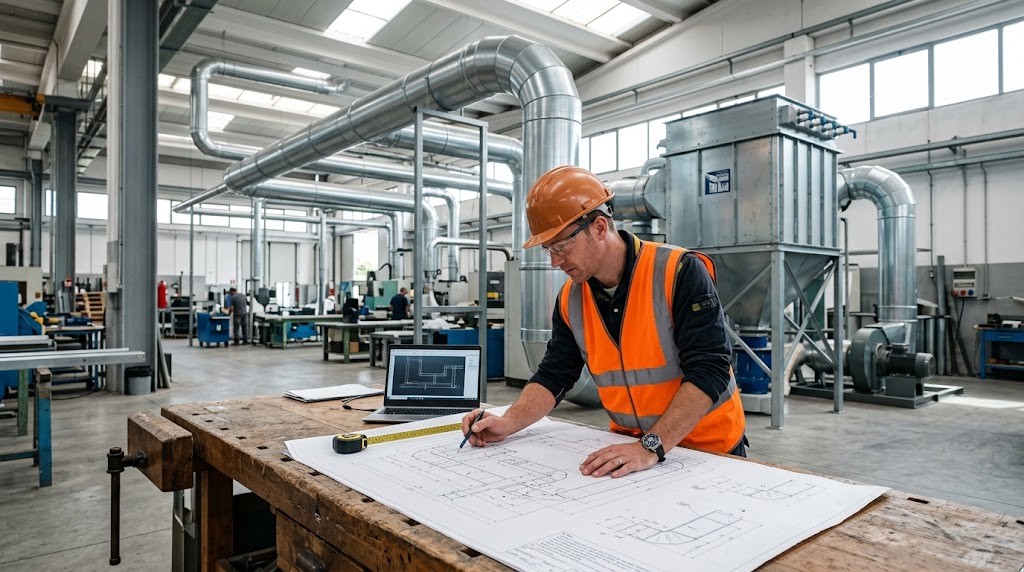 Tecnico che studia il layout delle condotte di un impianto di aspirazione industriale su un banco di lavoro