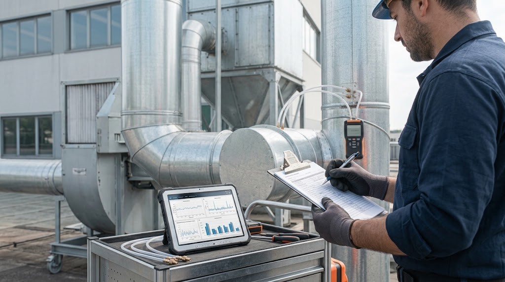 Tecnico che compila il registro dei controlli accanto a un impianto di aspirazione industriale
