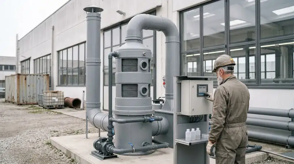 Tecnico controlla il regolatore di pH di uno scrubber a torre in polipropilene per vapori acidi all'esterno dello stabilimento
