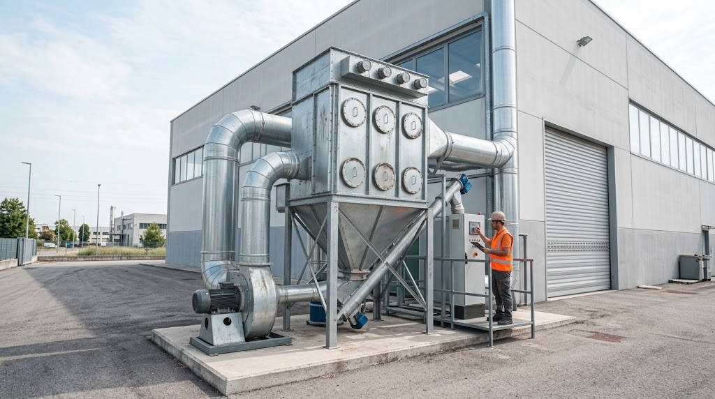 Ispettore che verifica un depolveratore a maniche installato all'esterno di uno stabilimento